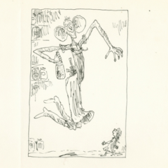 A drawing of a woman and a child. The woman is jumping and holding a bottle.